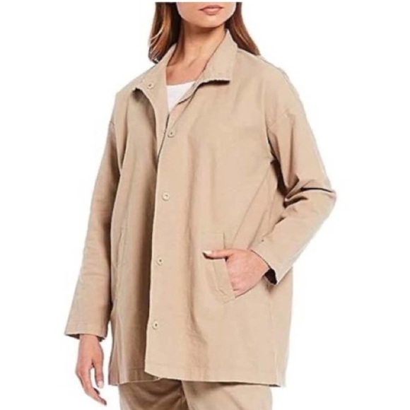 Eileen Fisher Organic Cotton Hemp Stand Collar Chore Jacket in Khaki - Picture 1 of 12